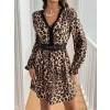Kadın Uzun Kollu V Dantel Yakalı Leopar Desenli Modal Mini Elbise