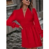 Kadın Uzun Kollu V Yaka Belden Hafif Pileli Scuba Krep Mini Boy Elbise