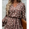 Kadın Uzun Kollu V Yakalı Belden Kuşaklı Puantiyeli Mini Modal Elbise