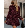 Kadın Uzun Kollu Yakadan Bağcıklı Modal Leopar Desenli Mini Elbise