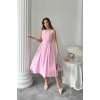 Pembe Yanları Büzgülü Midi Boy Keten Elbise