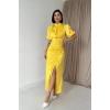 Sarı Büzgülü Saten Elbise