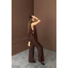 YAKA MİDYE KABUĞU SIRALI YELEK - PANTOLON  TAKIM KETEN KUMAŞ - Kahverengi