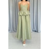 Yeşil Beli Büzgülü İnci Askılı Uzun Elbise