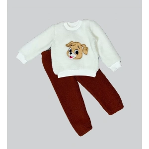 1-2-3 Yaş Mutlu Köpekcik Nakışlı Kuzu Kumaş Sweat Patili Pantolon Uzun Kollu Kız Erkek 2 Li Takımı