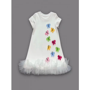 1-2-3 Yaş Renkli Kelebekler Nakışlı Eteği Fırfırlı Jile Çocuk Elbisesi