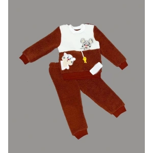 1-2-3 Yaş Sallanan Balık Nakışlı Kuzu Kumaş Sweat Pantolon Uzun Kollu Kız Erkek 2 Li Takımı