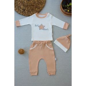 3-6 6-9 9-12 Ay Full Star Nakışlı Şapkalı Uzun Kollu Sweat 3lü Erkek Bebek Takımı