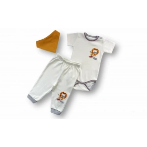 3-6 6-9 9-12 Ay Yavru Aslan Nakışlı Bandajlı Kısa Kollu Zıbınlı 3lü Erkek Bebek Takımı