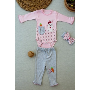 3-6 9-12 12-18 Ay Havuç Tavşan Nakışlı Bandanalı Uzun Kollu Zıbınlı 3lü Kız Bebek Tak