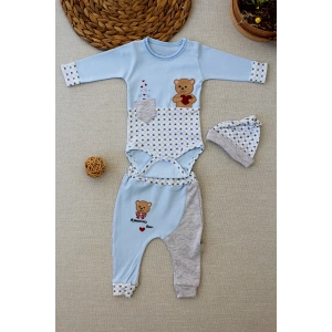 3-6 9-12 12-18 Ay Romantik Ayıcık Nakışlı Şapkalı Uzun Kollu Zıbınlı 3lü Kız-erkek Bebek Takımı