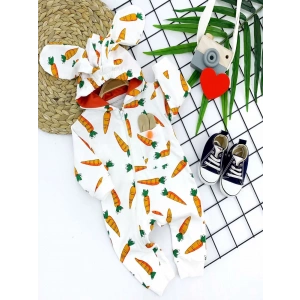 3-6-9-12 Ay Kulaklı Kapşonlu Havuç Baskılı Uzun Kollu Kız Erkek Bebek Tulumu