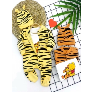 3-6-9-12 Ay Pooh Desenli Zebra Çizgili Şapkalı Sweatli 3lü Kız Erkek Bebek Tulumu(sarı)