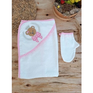 Bear Nakışlı El Keseli 2likız Bebek Havlu Takımı Pembe