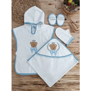Bear Nakışlı Pareolu 4lü Erkek Bebek Havlu Silgi Takımı Mavi