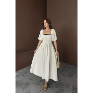 Bej Arkası Bağlamalı Keten Elbise