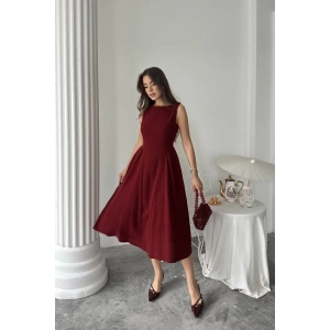 Bordo Yanları Büzgülü Midi Boy Keten Elbise