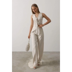 Çizgili Yelek Takım - Beyaz-Taş