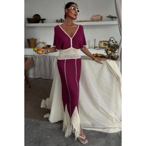 Dantel Desenli V Yaka Triko Elbise 2844