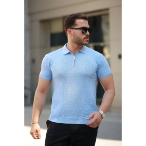 Erkek Fermuar Yakalı Baklava Desen Kısa Kollu Gömlek