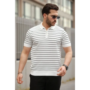 Erkek Fermuar Yakalı çizgili Kısa Kollu T-shirt