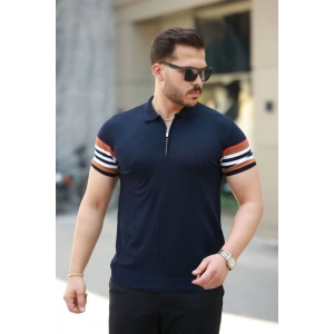 Erkek Fermuar Yakalı Kolları Desenli Kısa Kollu Tişört