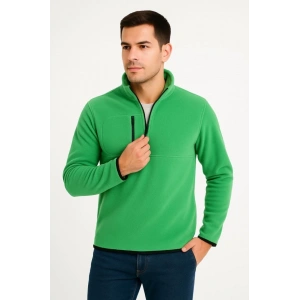 Erkek Polar Kazak – Dik Yaka, Yarım Fermuarlı, Fermuarlı Göğüs Cepli, Siyah Biyeli, Kışlık Rahat Regular Fit Günlük Model - Yeşil