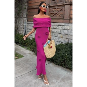 Eteği Gül Detay Madonna Yaka Elbise 2863