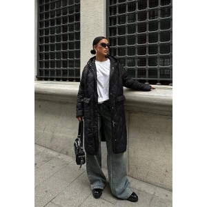 Fermuar Ve Kapşonlu Uzun Kapitone Mont 7062