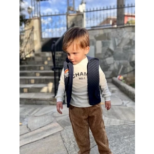 Fitilli Kadife Pantolon Kapitone Kapşonlu Yelek Uzun Kollu Sweat 3lü Erkek Çocuk Takımı Lacivert