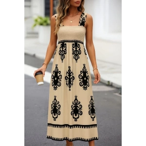 Kadın Askılı Kare Yaka Gipe Detaylı Desenli Suprem Elbise