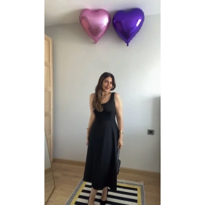 Kadın Askılı Kare Yaka Yırtmaçlı Midi Janjan Krep Elbise