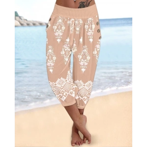 Kadın Beli Lastikli Etnik Desenli Kapri Süprem Pantolon