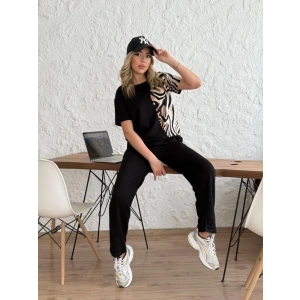 Kadın Bisiklet Yaka Kısa Kol Leopar Desen Bluz Ve Pantolon Ikili Takım