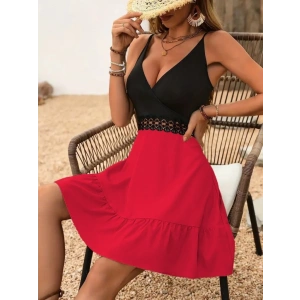 Kadın Ip Askılı Kruvaze Yaka Bel Dantel Ithal Krep Elbise