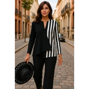 Kadın Keten Kumaş çizgi Desenli Uzun Kollu Bluz