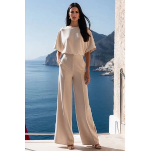 Kadın Kısa Kollu Bisiklet Yaka Bluz Yüksek Bel Cep Detaylı Pantolon Atlas Ikili Takım