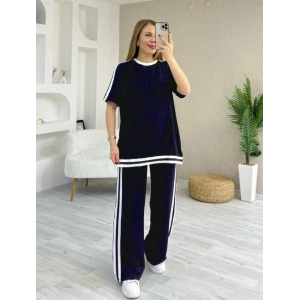 Kadın Kısa Kollu Bisiklet Yaka çift Renk şerit Detaylı Viskon Iki Iplik Bluz Ve Pantolon Ikili Takım