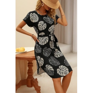 Kadın Kısa Kollu Bisiklet Yaka Desenli Kuşaklı örme Krep Midi Elbise