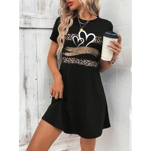 Kadın Kısa Kollu Bisiklet Yaka Desenli Viskon Elbise