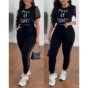 Kadın Kısa Kollu Bisiklet Yaka File Detaylı Viskon Iki Iplik Krop Ve Eşofman Altı Ikili Takım