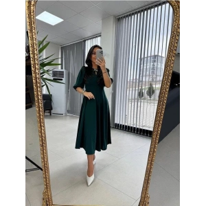 Kadın Kısa Kollu Bisiklet Yaka Fiyonk Broşlu Midi Janjan Krep Elbise