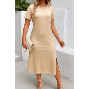 Kadın Kısa Kollu Bisiklet Yaka Yandan Yırtmaçlı Viskon Elbise