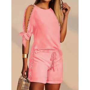 Kadın Kısa Kollu Bisiklet Yaka Yarı Açık Omuz Inci Detaylı Short T-shirt Viskon Ikili Takım