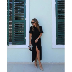 Kadın Kısa Kollu Bisiklet Yakalı Yandan Yırtmaçlı Büzgülü Janjan Krep Elbise