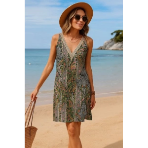 Kadın Kısa Kollu Dantel V Yakalı Desenli Süprem Elbise