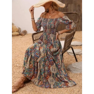 Kadın Kısa Kollu Düşük Omuzlu Beli Büzgülü Dijital Desenli Kesik Elyaf Süprem Uzun Elbise