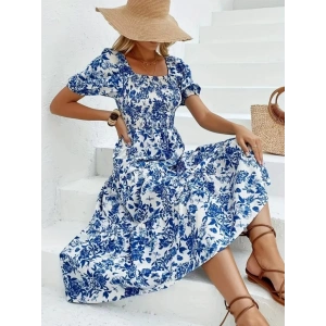 Kadın Kısa Kollu Kare Yakalı Lastikli Desenli Süprem Elbise