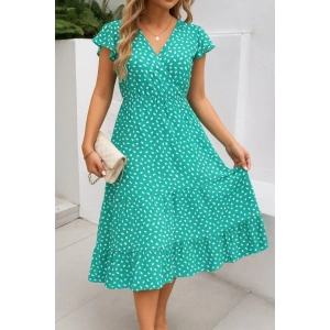 Kadın Kısa Kollu Kruvaze Yaka Beli Lastikli çiçek Desenli Elbise