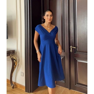 Kadın Kısa Kollu Kruvaze Yaka Eteği Volanlı Krep Elbise